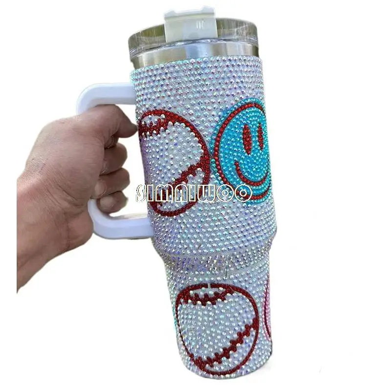 

40oz Handle Rhinestone Cup Smile Face Design Car Portable Double Layer Ice Drink Vacuum Thermal Insulation Handmade Gift