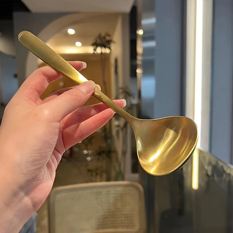2pcs Golden Stainless Steel Large Spoons, for Hot Pot, Soup, Porridge - Long Handles, Elegant Kitchen & Dining Utensils,Spoon 2