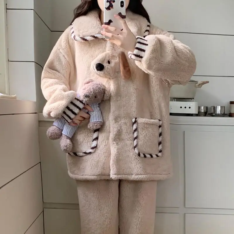 

Women's pajamas Comfortable Sleepwear Cotton Pajama Set winter autumn Coral Fleece Korean Japanese Flannel Thick Home Suit