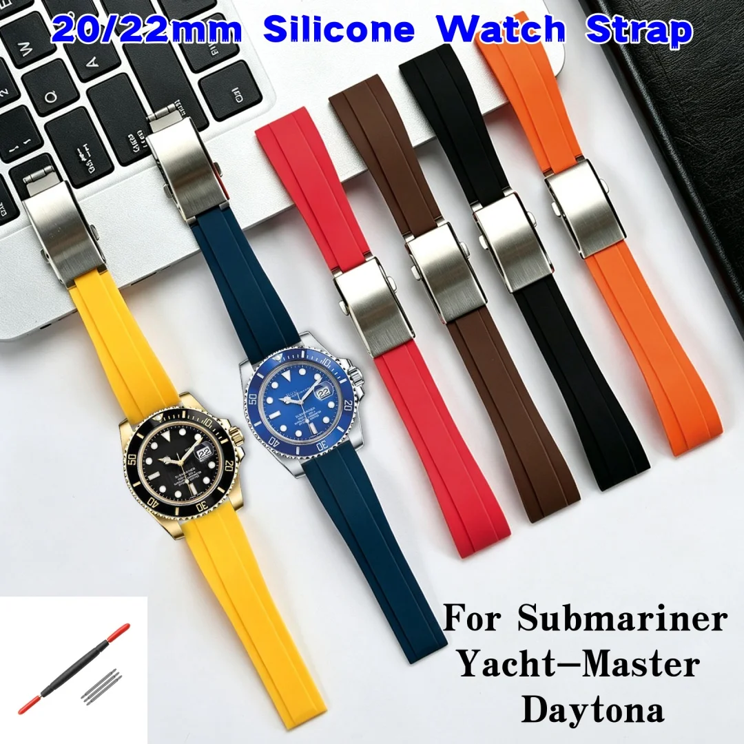 20 22mm Silicone Watch Strap for Rolex Green Black Submariner Yacht-Master Daytona Soft Replacement Waterproof Sport Watch Band