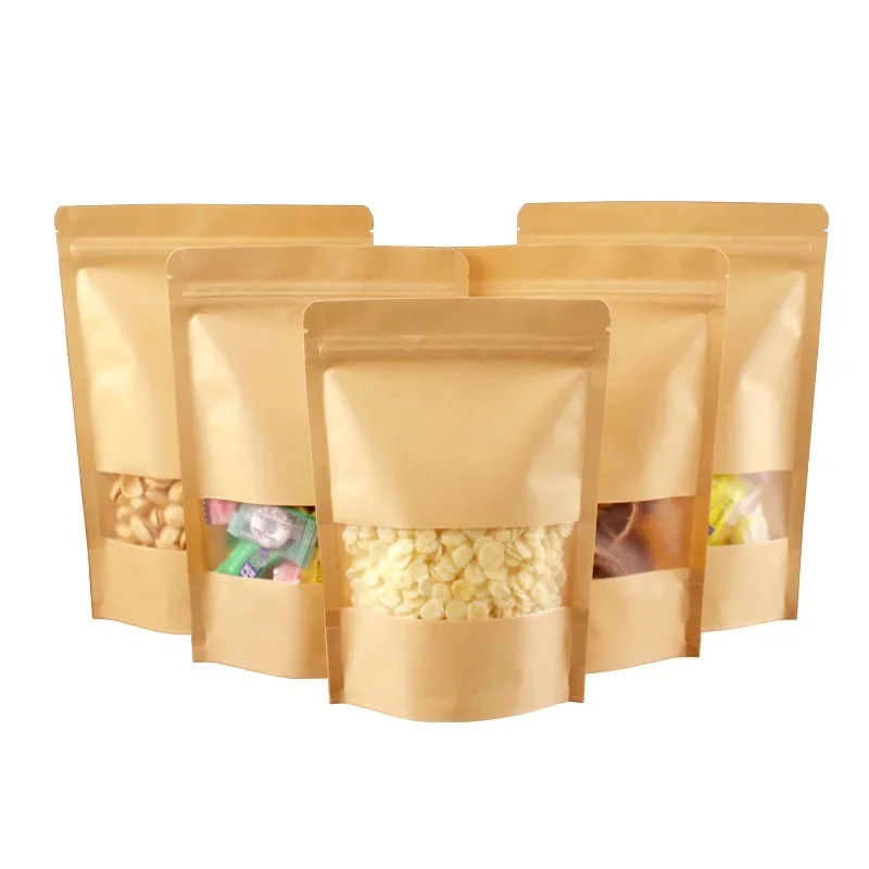 50PCS Kraft Paper Clear Window Ziplock Packaging Bag Stand Up Snack Sugar Coffee Candy Beaf Dates Heat Sealing Storage Pouches