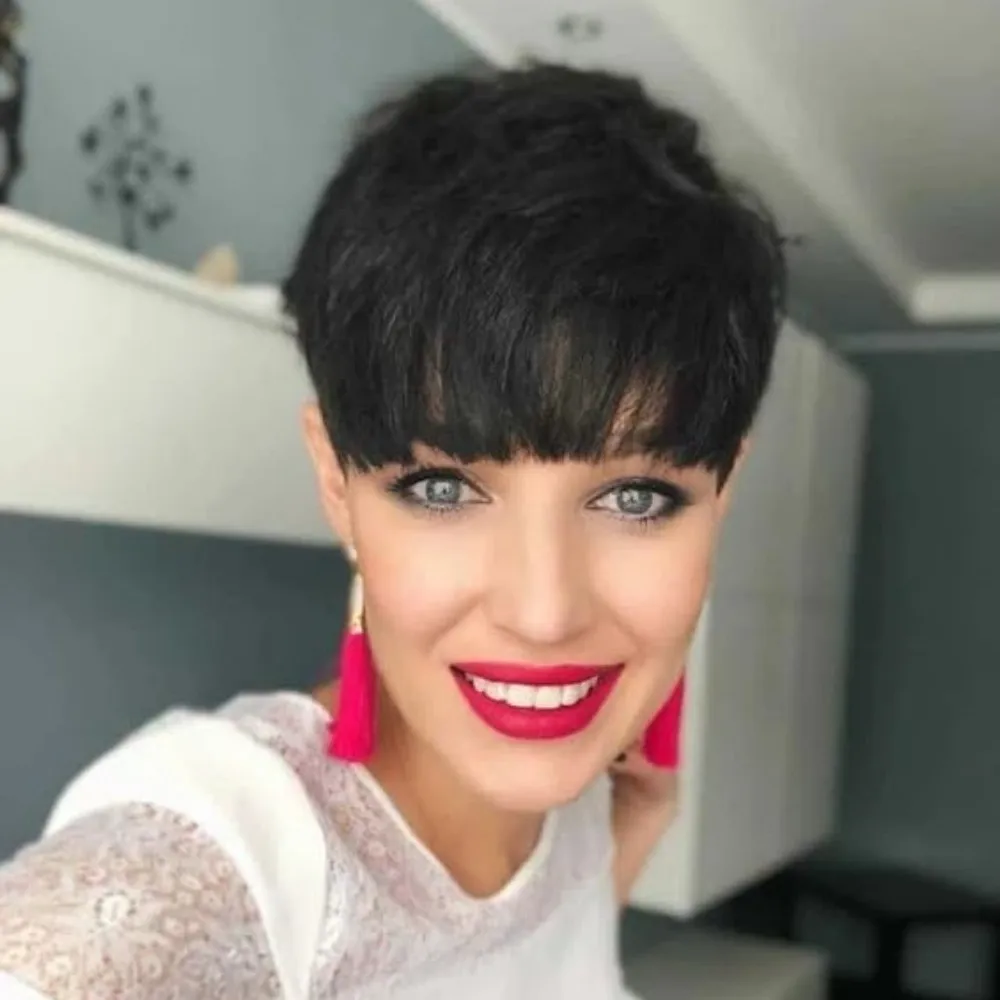 ショート人毛機械製ウィッグ女性用ピクシーカットウィッグ前髪付き人毛