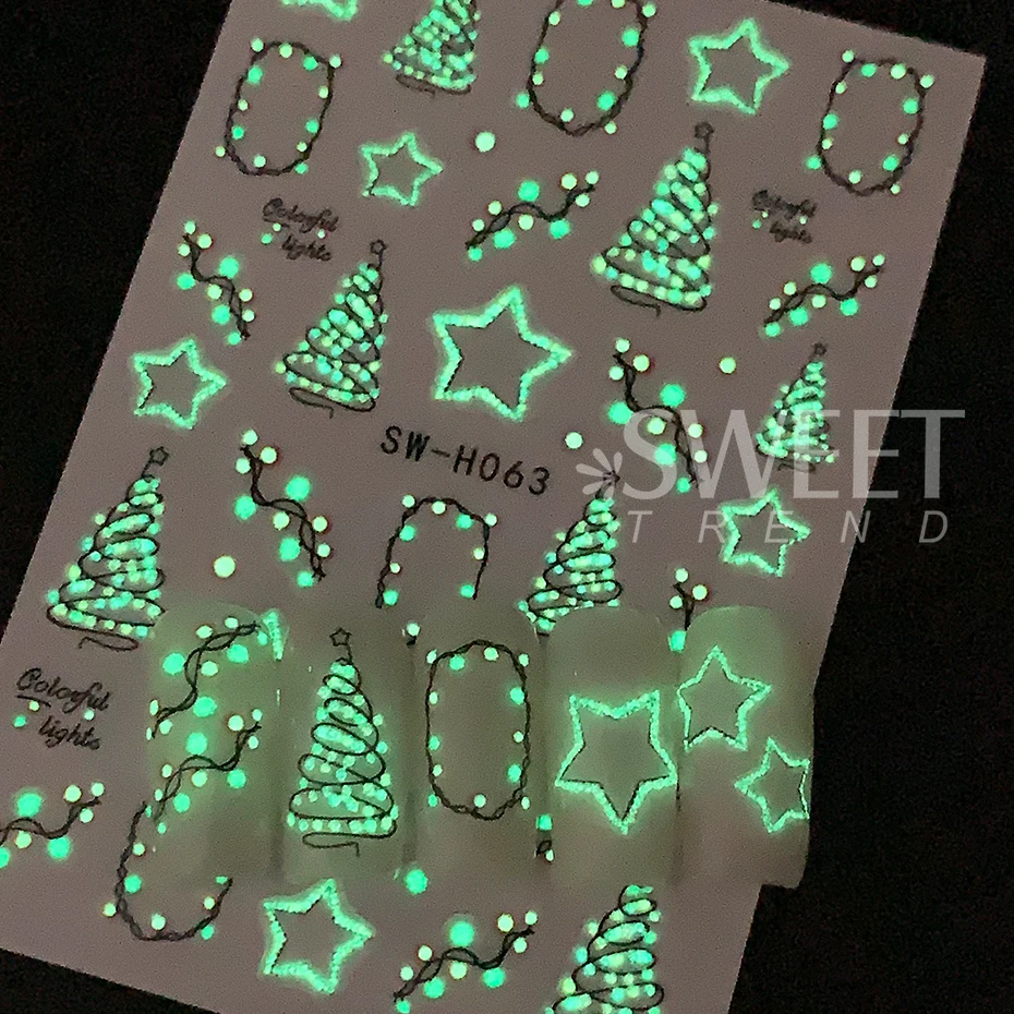 3 قطع من ملصقات أظافر عيد الميلاد المتوهجة في الظلام، ملصقات أظافر ملونة لعيد الميلاد الخفيفة على شكل نجمة شجرة عيد الميلاد لتزيين الأظافر بنفسك