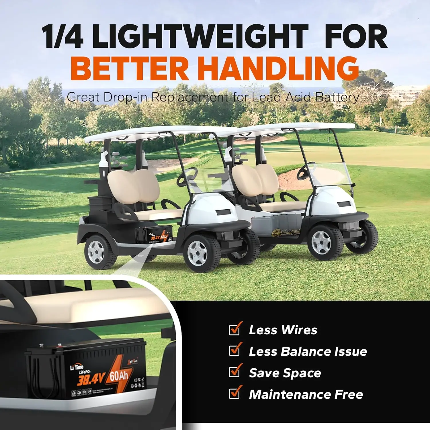 36V 60Ah LiFePO4 Battery Golf Cart 120A BMS 15000Cycles 3kW Motor 4.6kW Output Trolling Motor, Custom