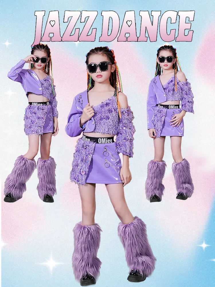 K-PoP Kids Girls Purple Sequins Jazz Street Dance Costume Hip Hop Outfit Catwalk Trendy Clothing Stage Performance Wear