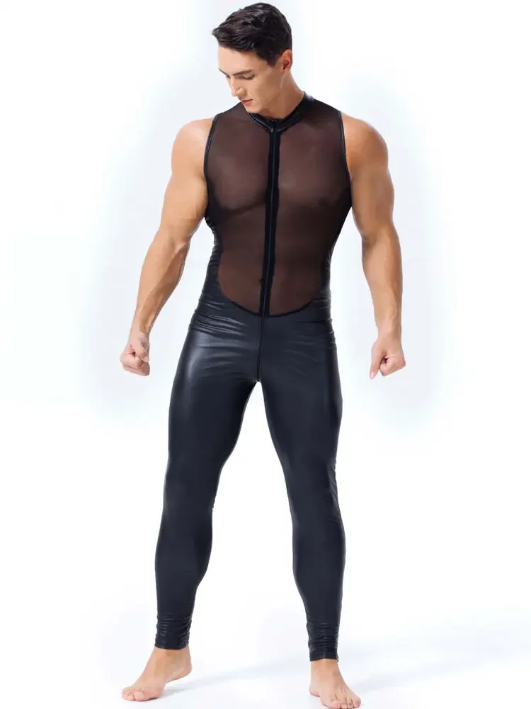 Mono de malla de retazos para hombre, sin mangas traje Sexy, trajes de Club nocturno Zentai, Body de escenario, ropa con forma