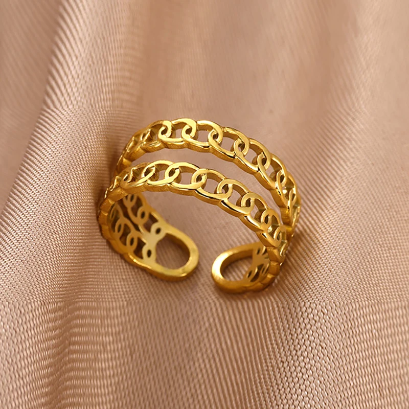Stainless Steel Double Layer Rings for Women Vintage Hollow Out Geometric Finger Ring Fashion Jewelry Wedding Birthday Gift