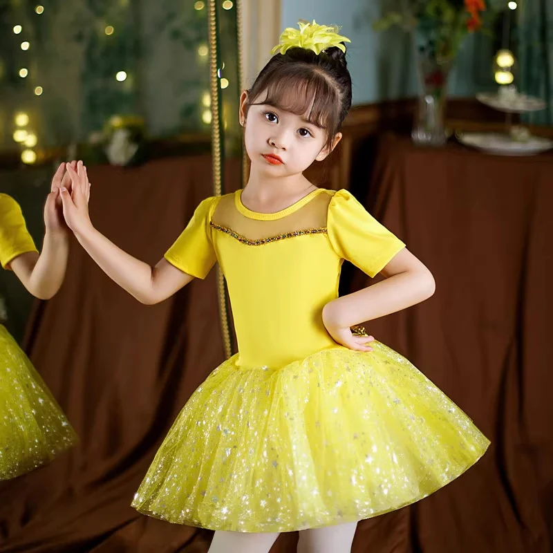 Giallo Vestito da ballo moderno per ragazze Bambini Bambini Costume da cheerleader Costumi per spettacoli teatrali Costume da ballo per ragazze