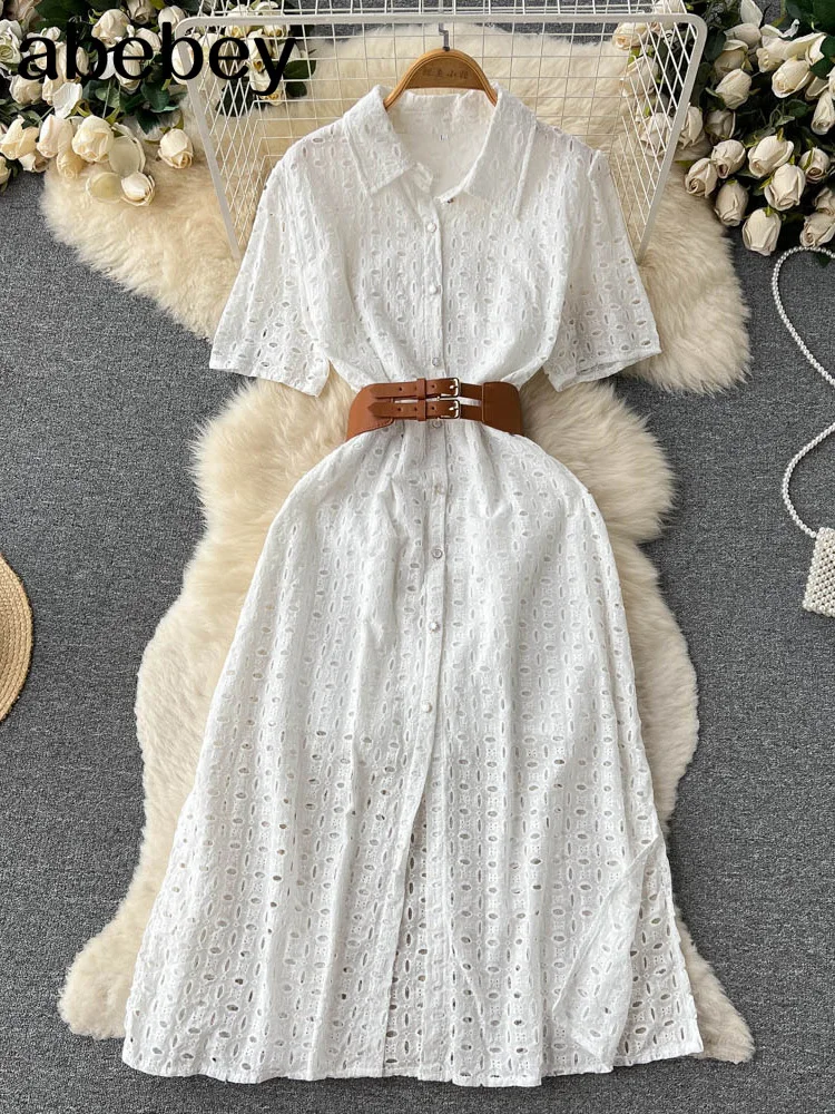 White/Green/Pink 2022 Summer New Lace Embroidery Dress Women Short Sleeves Dresses Female Vintage Party Beach Maxi Long Dresses