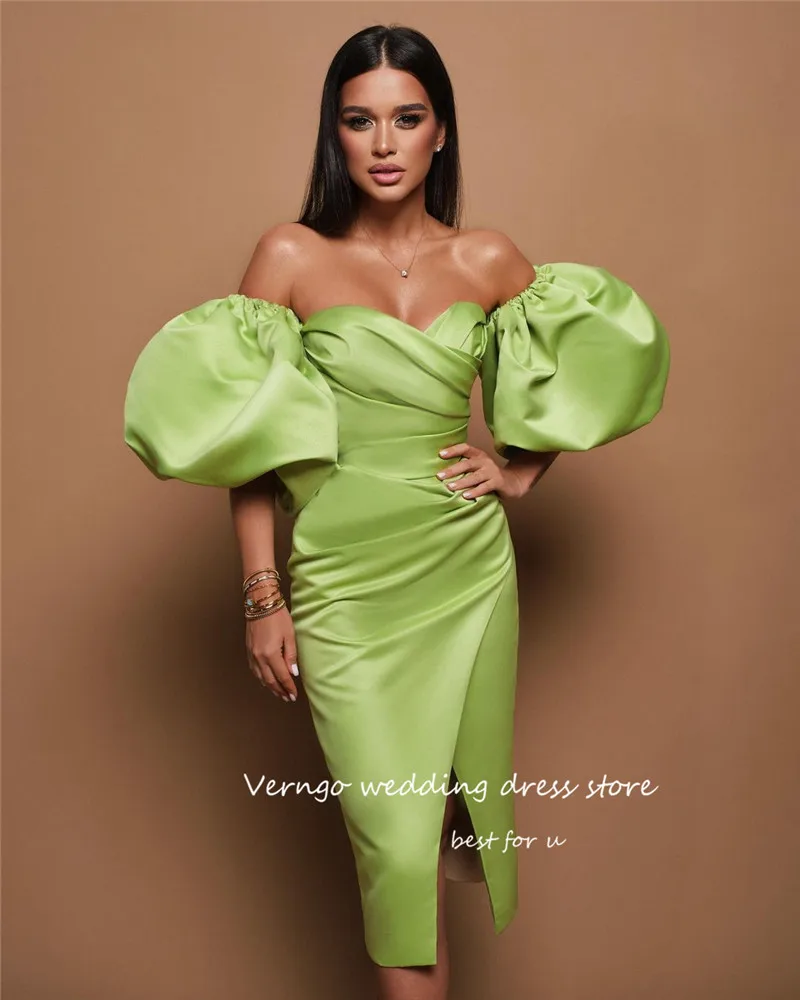 Verngo 2023 Light Green Satin Formal Party Dresses Sweetheart Puff Short Sleeves Tea Length Occasion Night Evening Gowns