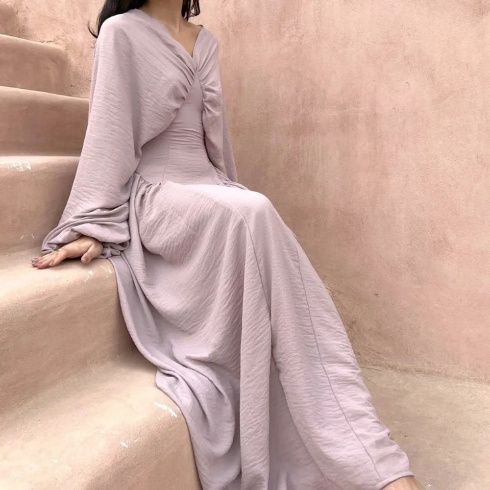 TWOTWINSTYLE French Pleated Design Dresses for Women V Neck Batwing Sleeve High Waist Gentle Long Dress Female New Fashion Style