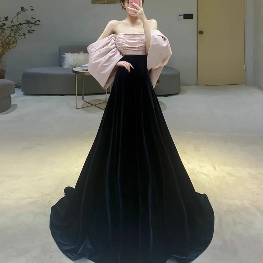 فساتين حفلة موسيقية مخصصة على شكل حرف A أنيقة وحديثة بدون حمالات رداء حفلات بدون أكتاف مطرز بالخرز فستان سهرة بفيونكة فيستدو دي نوفيا