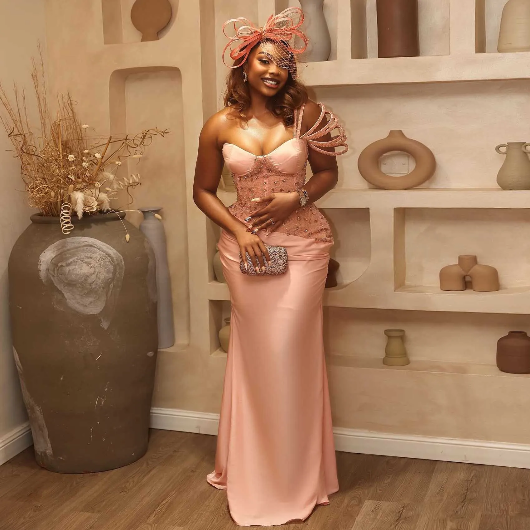 Black Women Formal Occasion Dress Pretty African Wedding Party Dresses 3D Applique Aso Ebi Style Blush Beaded Birthday Dress