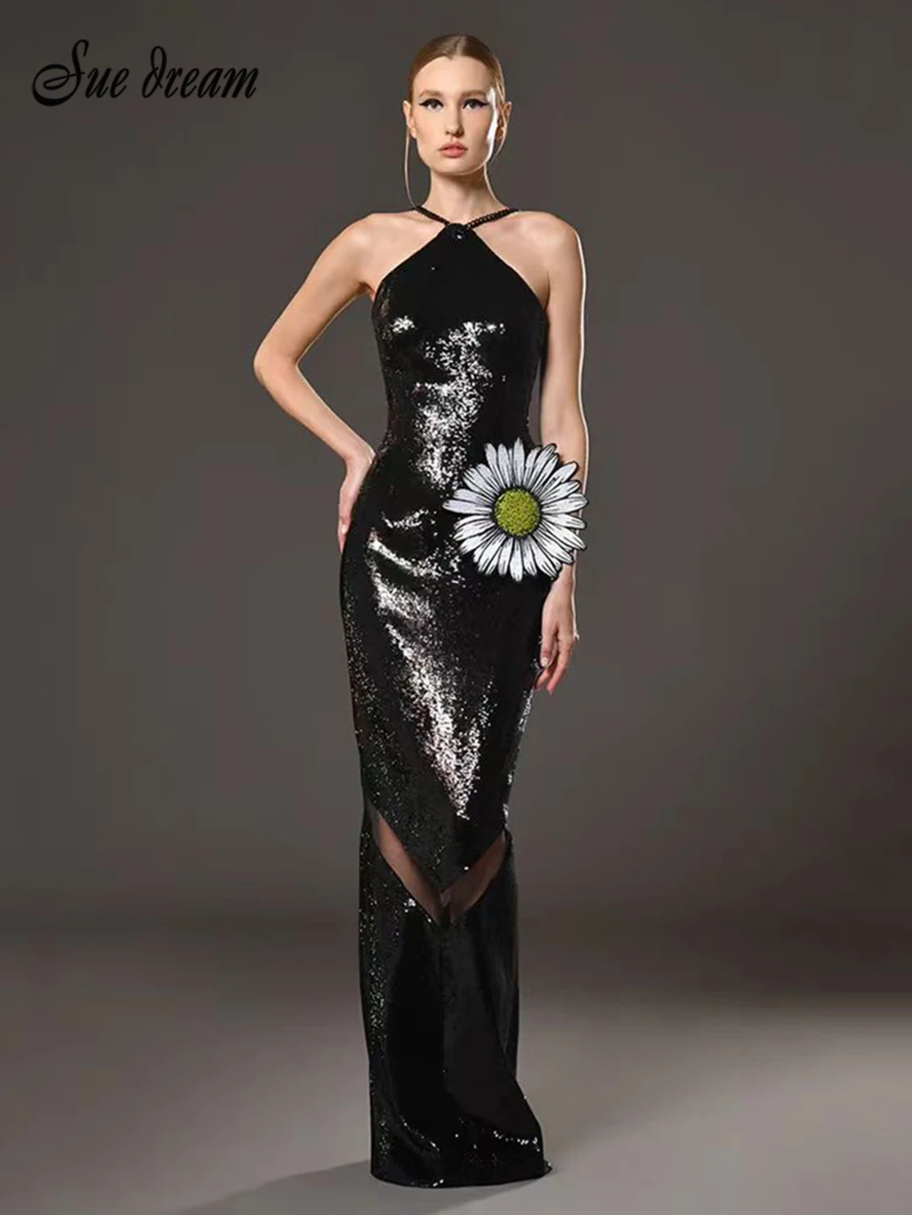 

2024 Sexy Women Fashion Sexy Sleeveless Backless Black Sequins Glitter With Flower Gowns Catwalk Wear Bodycon Party Long Dress