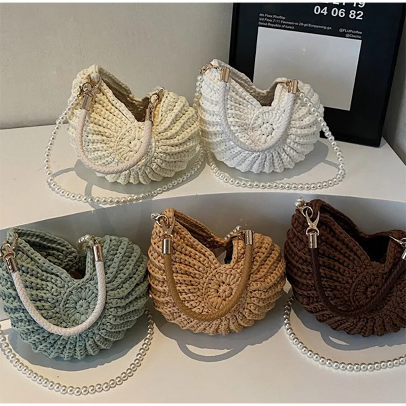 

Handmade Crochet Seashell Shell Beach Bag Woven Straw Tote Rattan Purse Bohemian Summer Vacation Shoulder Crossbody Messenger