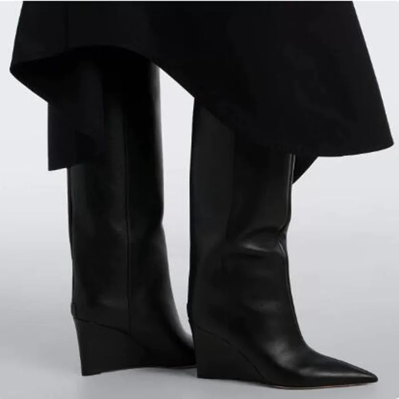 Black Matte Leather Pointed Toe Wedges Knee High Boots Autumn Women Tube Slip On Slim Tall Boots Fashion Lady Dress Long Boots
