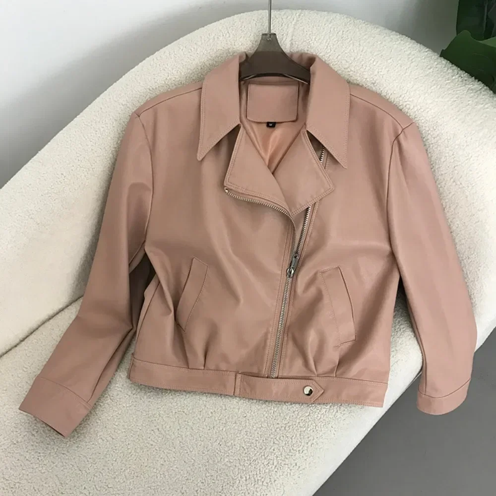 Motorcycle PU Leather Jackets Stand Collar Coats Zipper  Women 2023 Autumn Street Long Sleeve Cropped Coat New in Outerwears