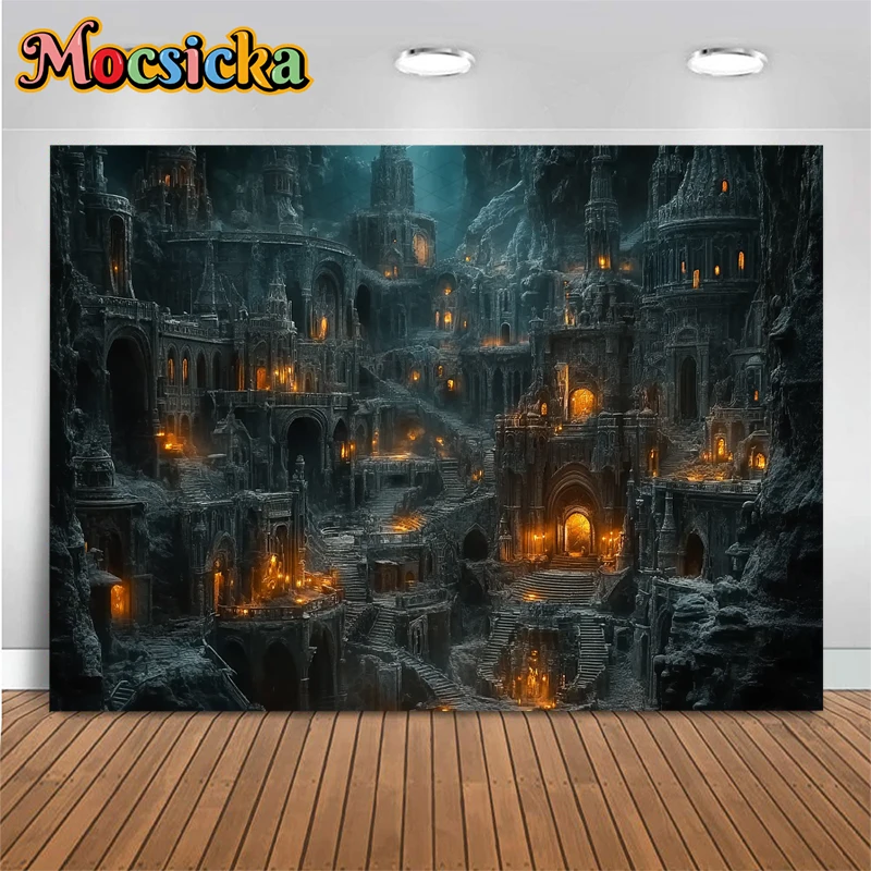 Mocsicka Dark Cave Ancient Underground Castle Photography Backdrop Fantasy Ruined City Medieval Palace Cosplay Photo Backgrounds