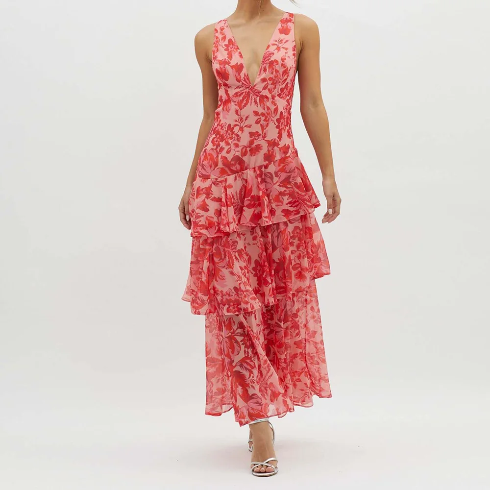 Модное платье для выпускного вечера трапециевидной формы с глубоким v-образным вырезом, современное шифоновое платье с открытой спиной и цветочным принтом, многоуровневое вечернее платье миди, коктейльное платье длиной до чая