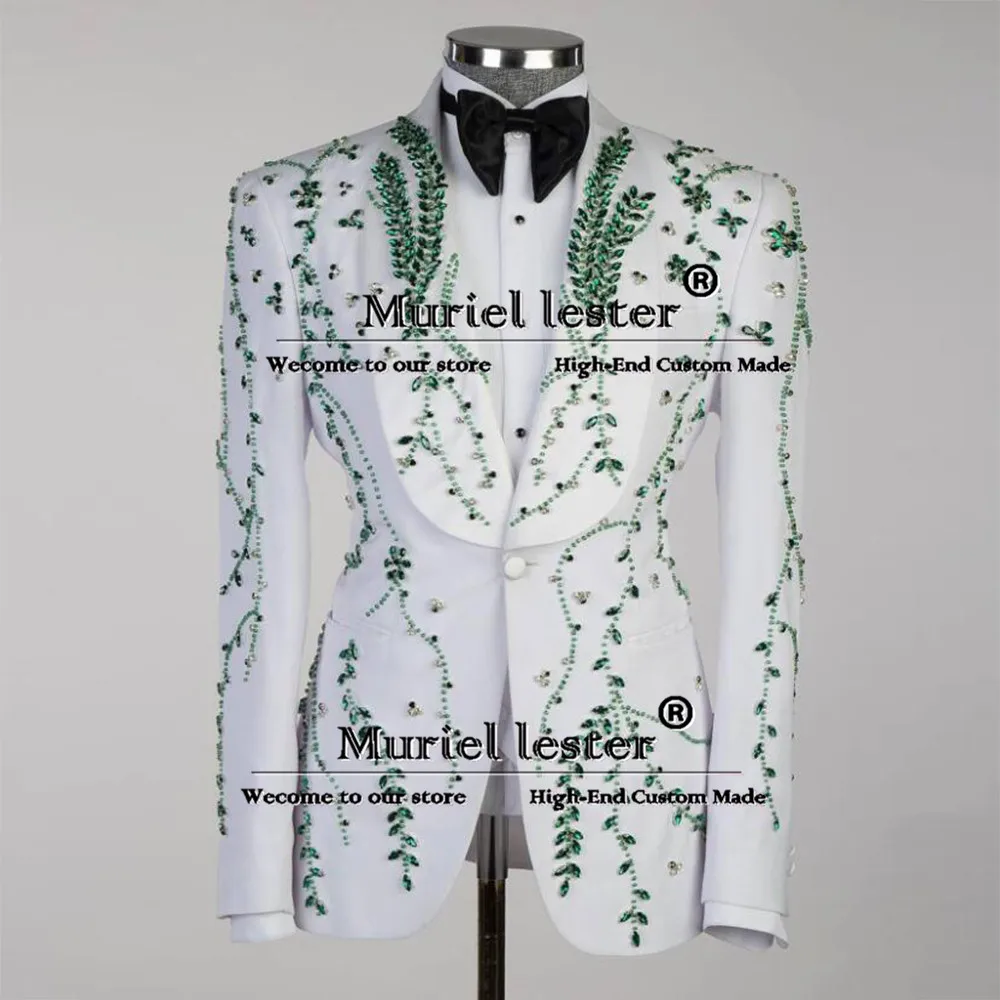 Unique Design Wedding Tuxedo Luxury Green Diamond Beaded Suits Men Formal Party Prom Blazer Tailor-made Shawl Lapel Prom Dresses