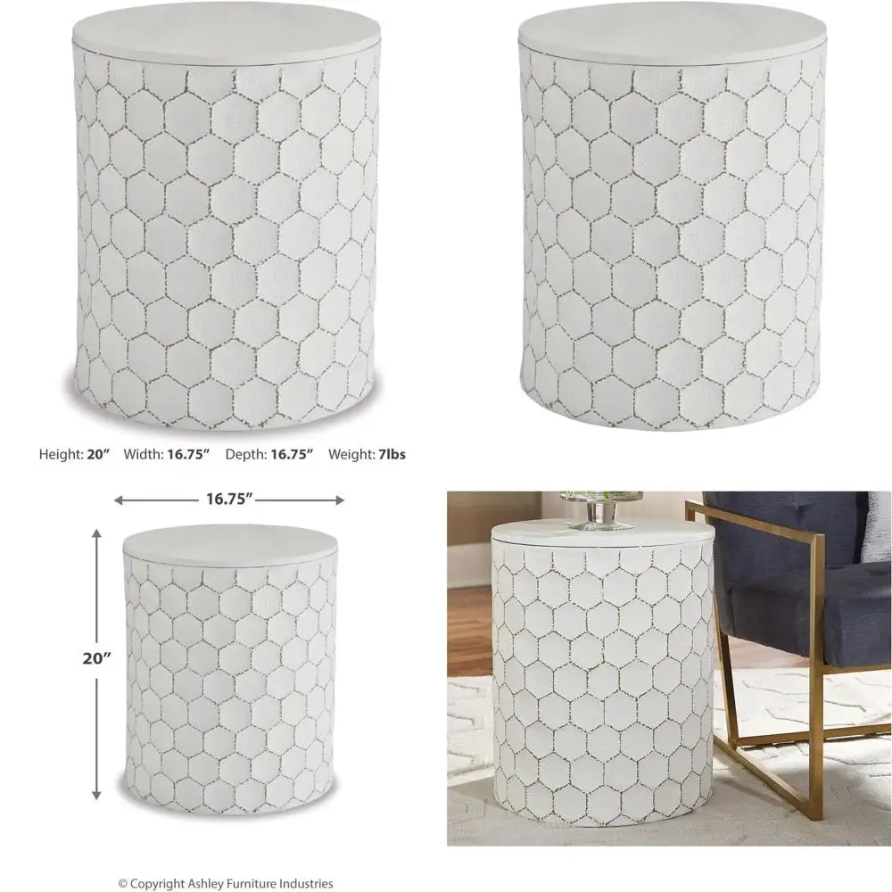 

Белый геометрический табурет/приставной столик с элементами сотовой структуры для использования в помещении и на улице