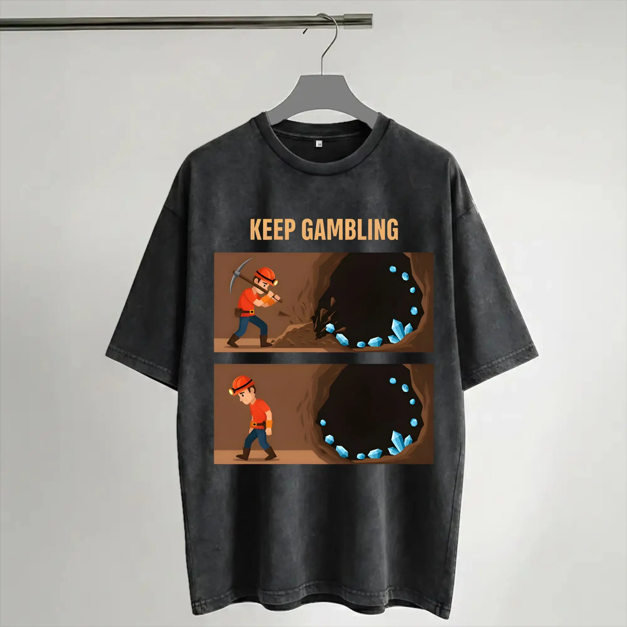 Miner Keep Gambling Blue Crystal Prospecting  Washed T Shirt Streetwear Hip Hop Vintage T-Shirt  Tees Tops Men Women Cotton