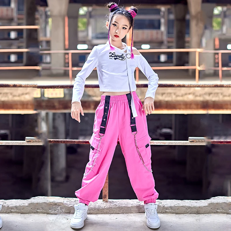 New Girls Jazz Dance Costume bambini abbigliamento Hip Hop top bianchi pantaloni Cargo rosa Performance Outfit Modern Street Wear BL8107