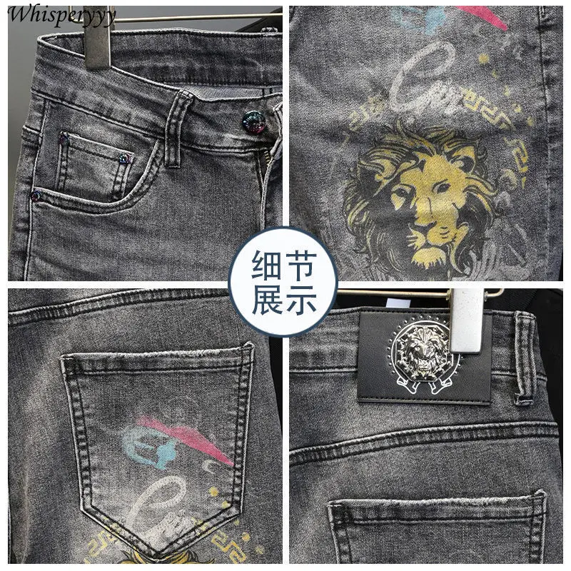 Summer Black Gray Ripped Denim Shorts Men's Fashion Casual Five-point Pants Korean Printed Pattern Medium Pants Male Jeans