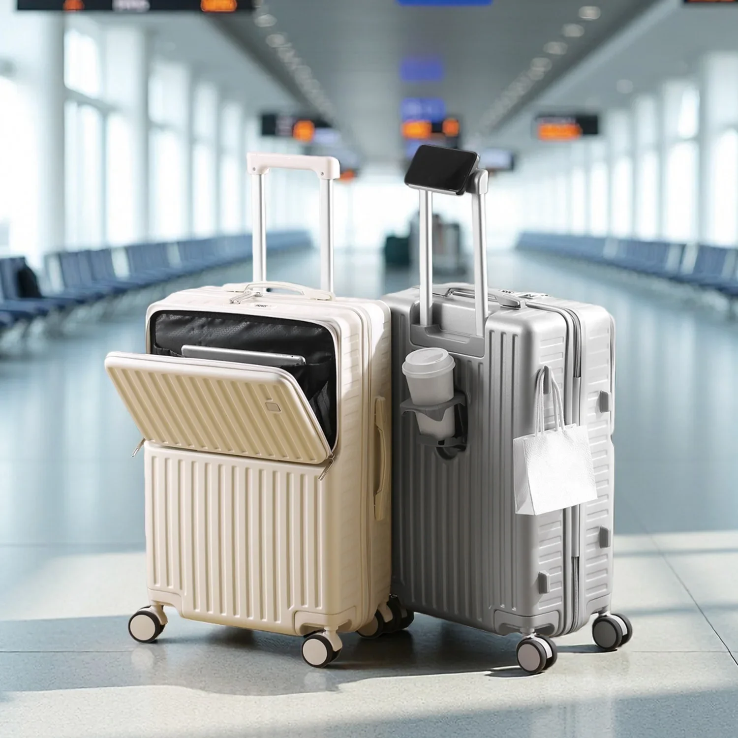 Soporte para teléfono oculto para equipaje de mano con apertura frontal, compartimento húmedo/seco, ABS + PC de 20 ", portavasos multifuncional para maleta, gancho lateral