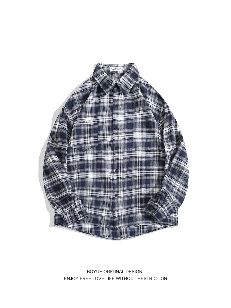 

Boyue American Plaid Long Sve irt for Students Sli Youthful Spring Autumn Casual Trendy Men Women Cheered Button up