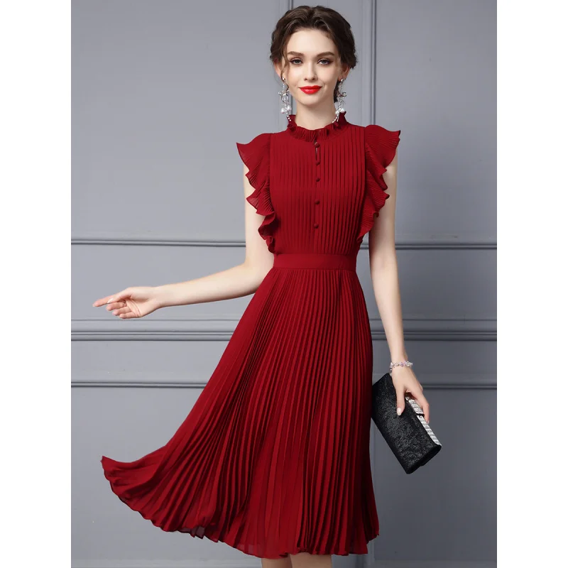 

Red Dress 2024 Women's New Summer Retro Exquisite Ruffled Mid-Length Cinched Waist Pleated Skirt