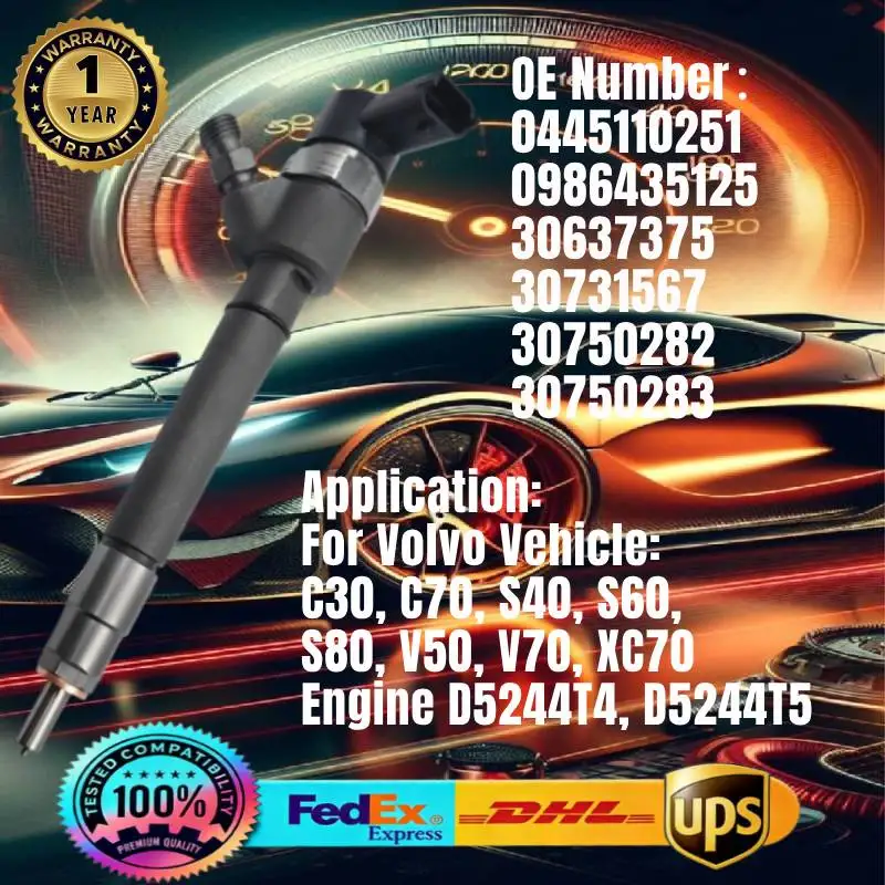 0445110251 30637375 30731567 30750282 30750283 0986435125 Fuel Injector for Volvo S60 V70 XC70 XC90 2.4L D5 D5244T4 Engine