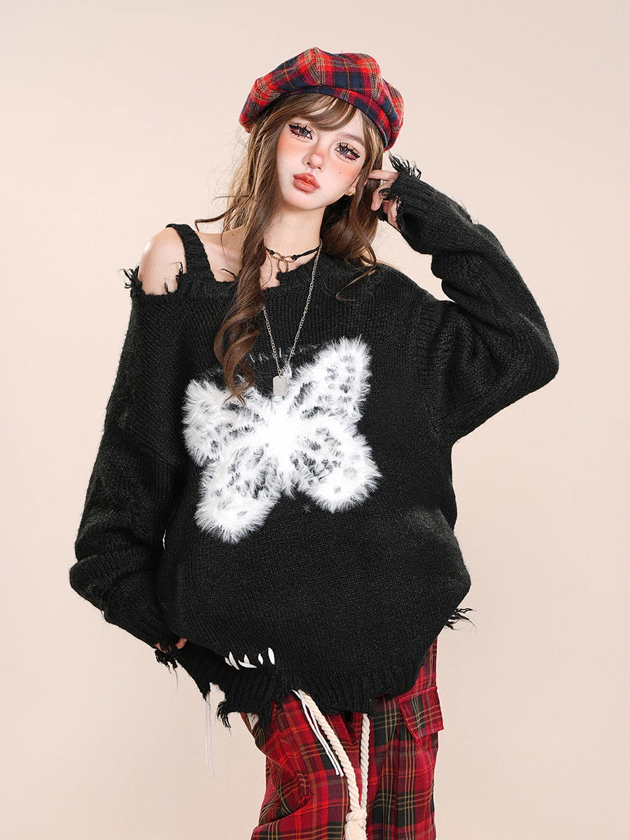 REDDACHiC Off Shoulder Ripped Sweater Women Torn Tassels Asymmetric Long Sleeves Fuzzy Butterfly Knit Jumper Top Vintage Clothes