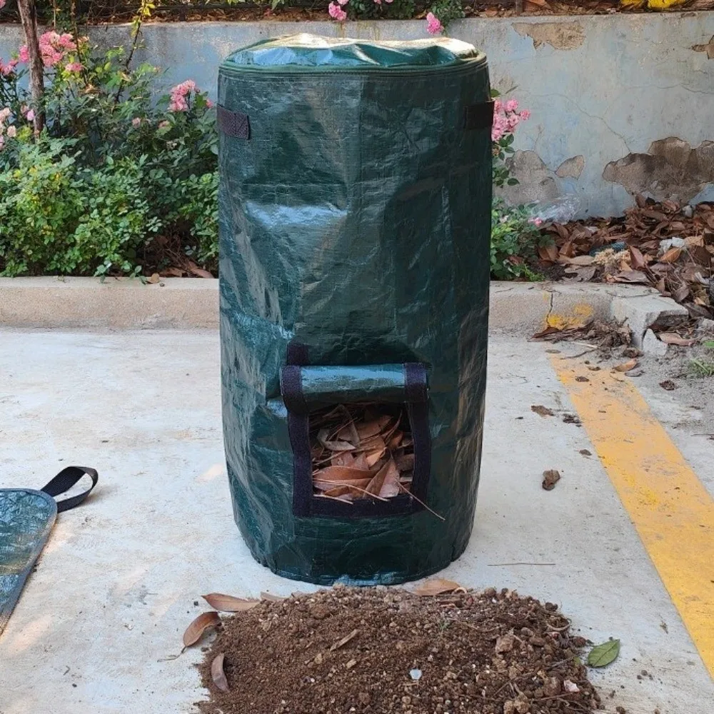 

Wear Resist Compost Bin Bag Zippered Lid with Handles Yard Garbage Bag Reusable Sealed Gardening Container Lawn Pool