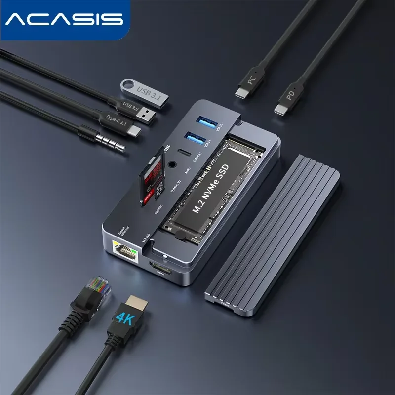 Station d'accueil Acasis 10-en-1 et boîtier M.2 NVMe avec HDMI 4K à 60 Hz, alimentation 100 W, RJ45 1 Gbit/s et ports USB-A pour MacBook Pro/Air et PC Windows