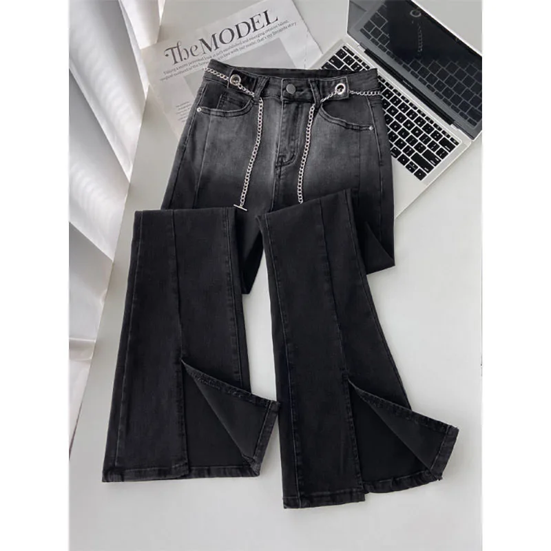 Gradual Color Split Jeans Chain Belt Fashion High-Waist Vintage Skinny Long Pants Autumn Winter New Slim Casual Boot-Cut Pants