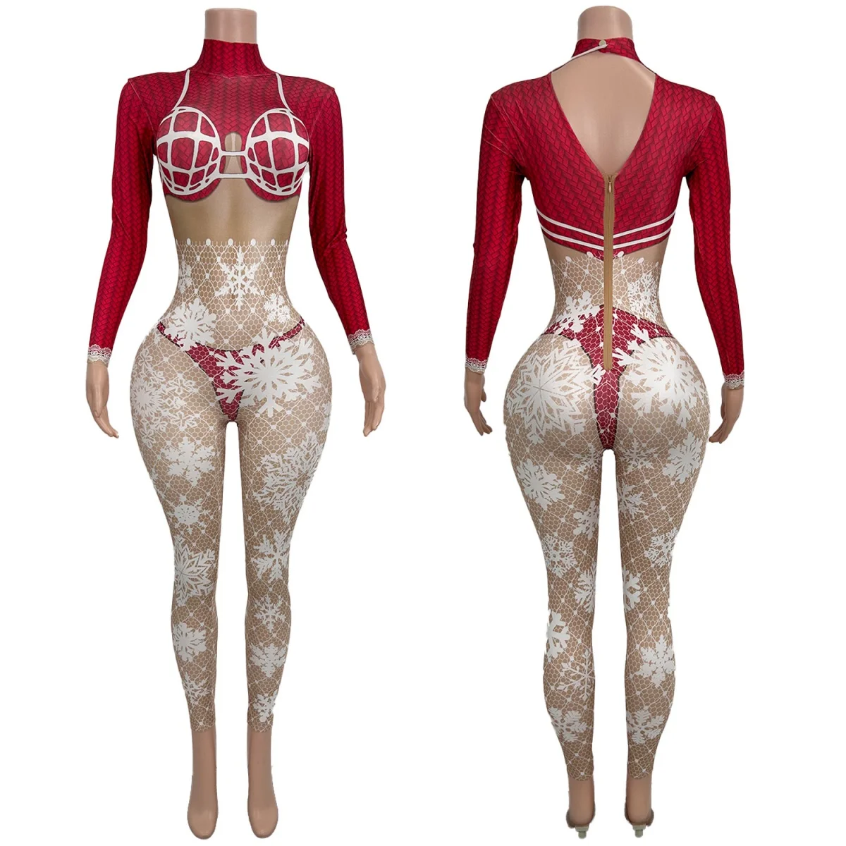 Christmas Snowflake Printing Tight Fitting Jumpsuit Festival Celebrate Stage Performance Dress-up Outfit Dance Show Sexy Wear