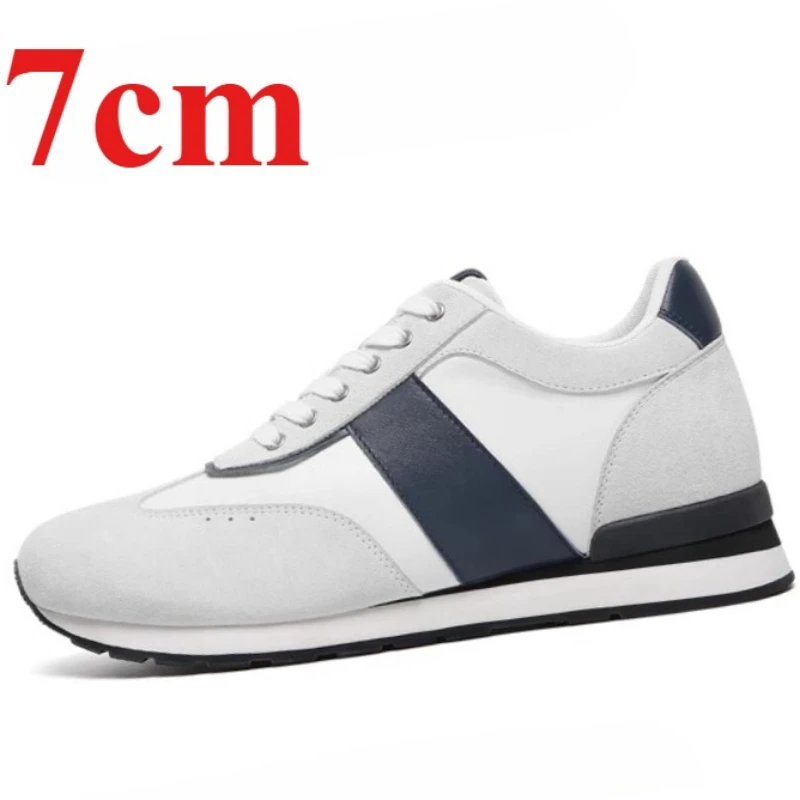 Casual Sneakers Comfortable Elevator Shoes for Men's 7cm Invisible Height Heightening Shoes Genuine Leather White Sports Shoes