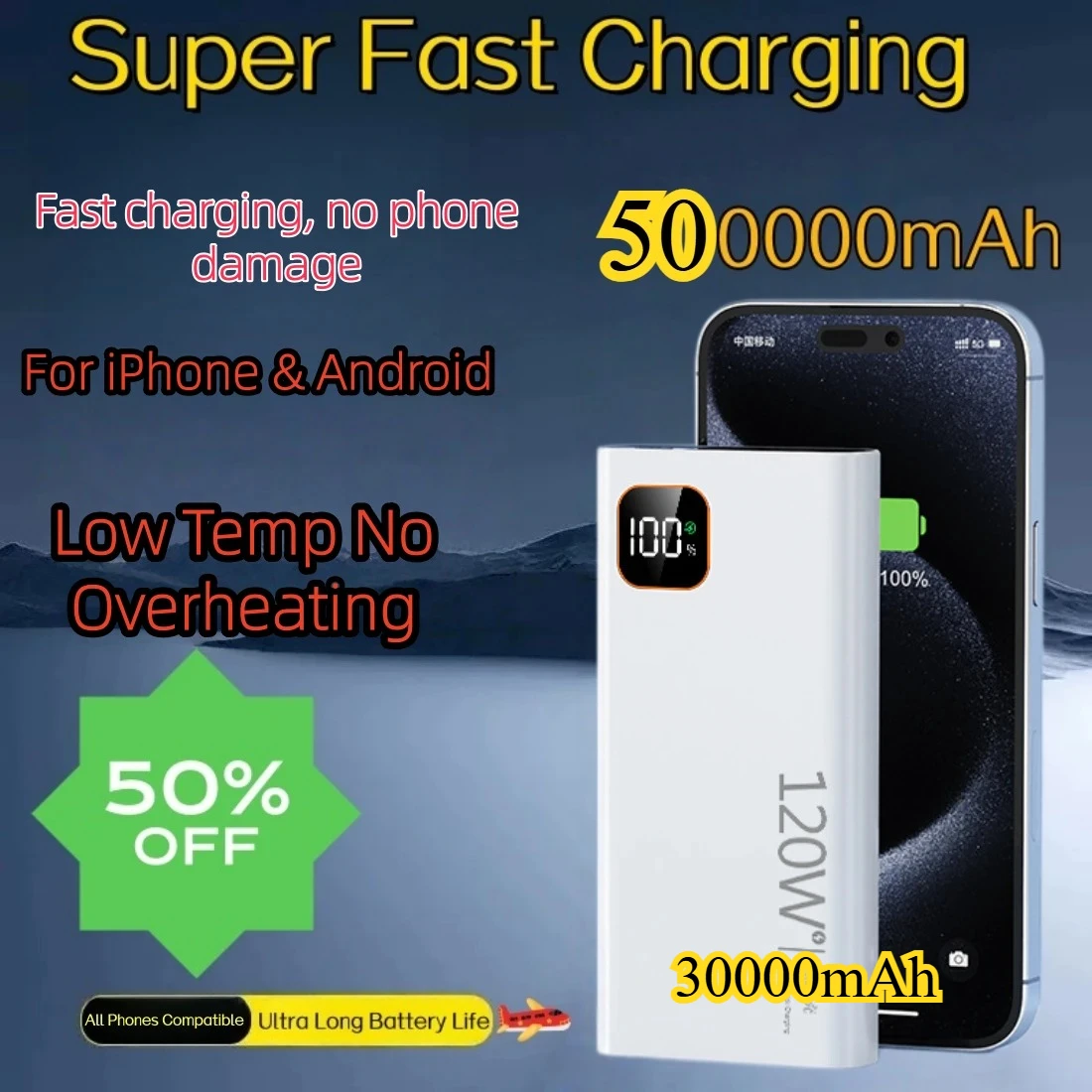 

120W PowerBank 500000mAh 30000mAh High Capacity Super Fast Charging Portable Battery CCC Charger for iPhone Samsung Huawei 2026