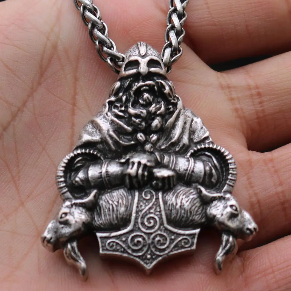 Viking Thor Hammer Pendant Necklace Warrior Sheep Head Amulet Retro Hammer Scandinavian Pendant Nordic Jewelry