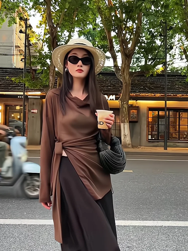 

Ele Vintage Long Sve irt Women's Waist-Cinching Asymmetrical Top Sli Commute Korean Sle plus Size Inner Wear