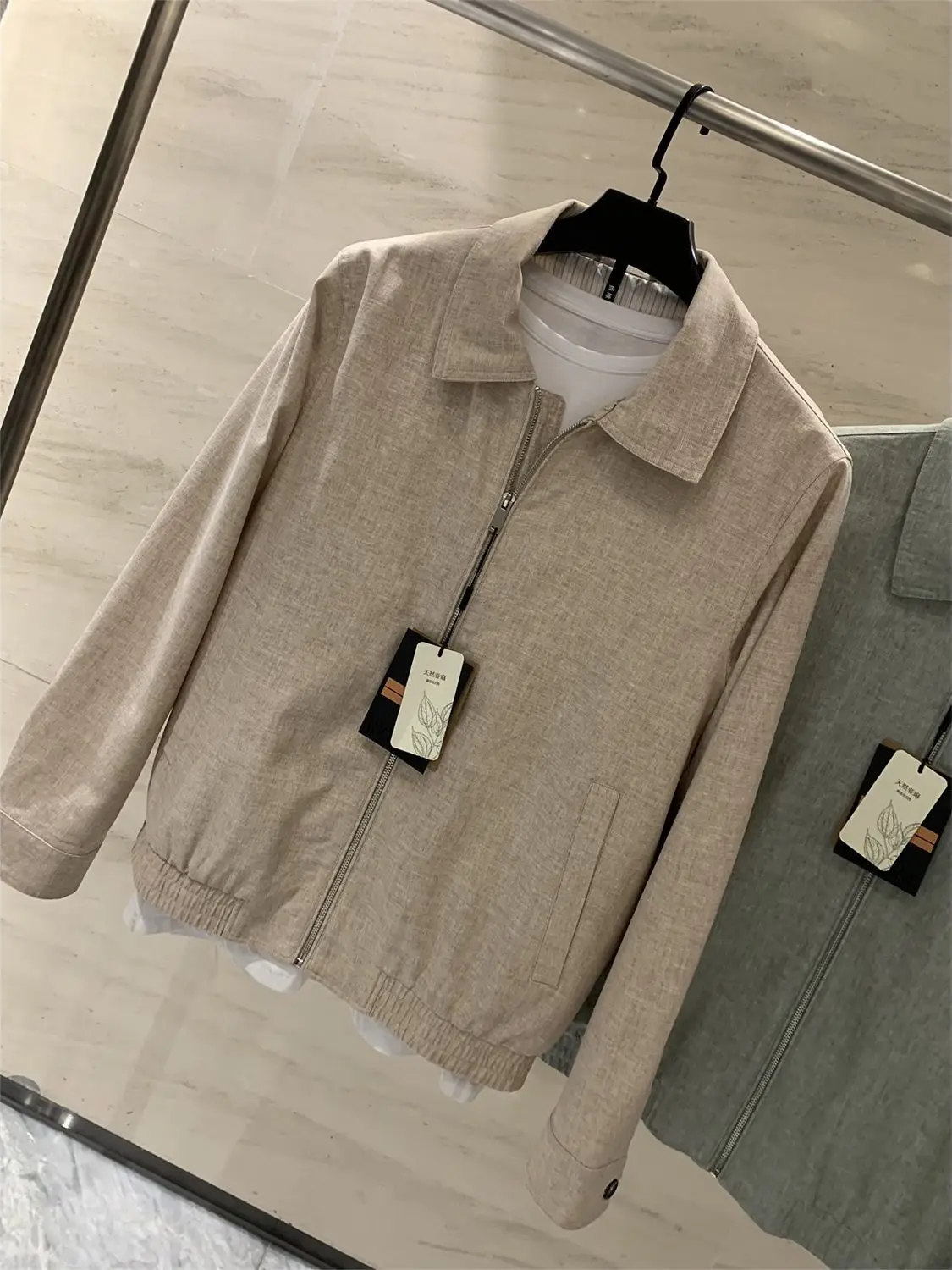 Italian Luxury Washed Linen Men's Casual Flight Jacket Breathable Long Sleeve Zipper Closure Standard Fit Outerwear