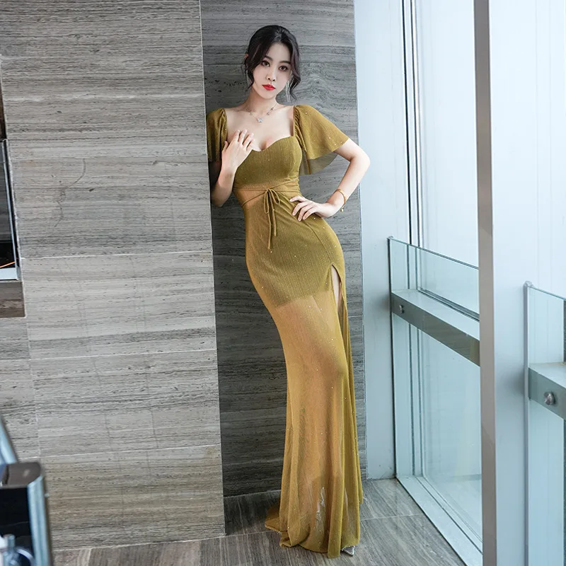 

Новое осенне-зимнее длинное платье с рукавами-рюшами, облегающего кроя, с высоким разрезом, вечернее платье-бодикон.