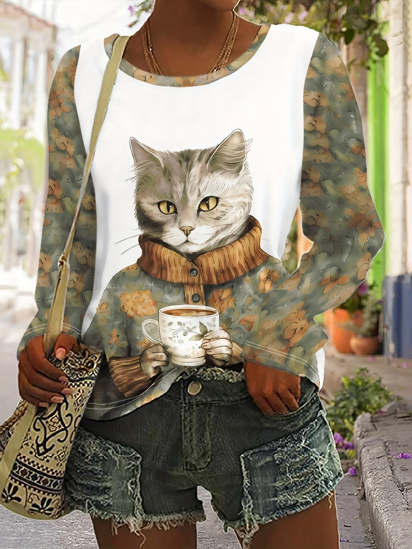Women Long Sleeve T-shirt Cute Cat Drinking Coffee Print Round Neck Autumn Casual Loose Tops Women's Clothes