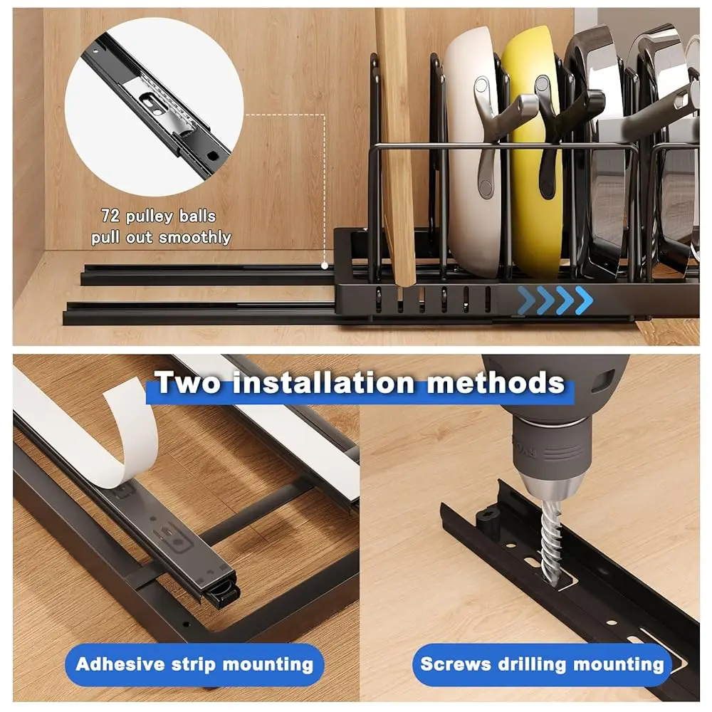 Pots And Pans Organizer Under Cabinet, 21.6"" Deep Pull Out Pot Lid Organizer Holder With Guardrail Adhesive Pot And Pan Holder