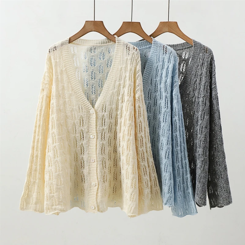 

Korean style wool mohair loose hollow V-neck cardigan sweater jacket women's thin soft and sticky early spring and early autumn