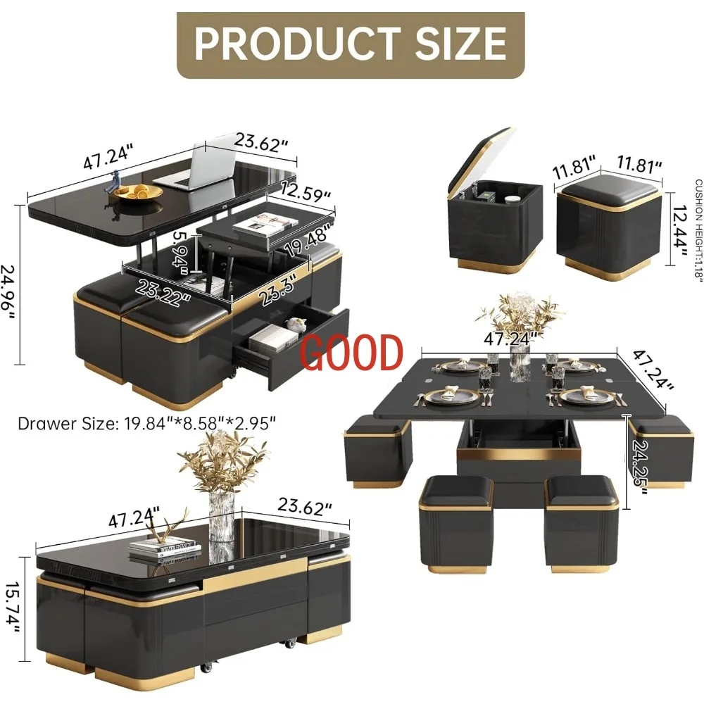 

Журнальный столик с подъемным верхом, 4 табуретками, скрытым хранилищем и полкой, подъемный настольный столик для небольшого пространства, центральные столы, торцевой столик