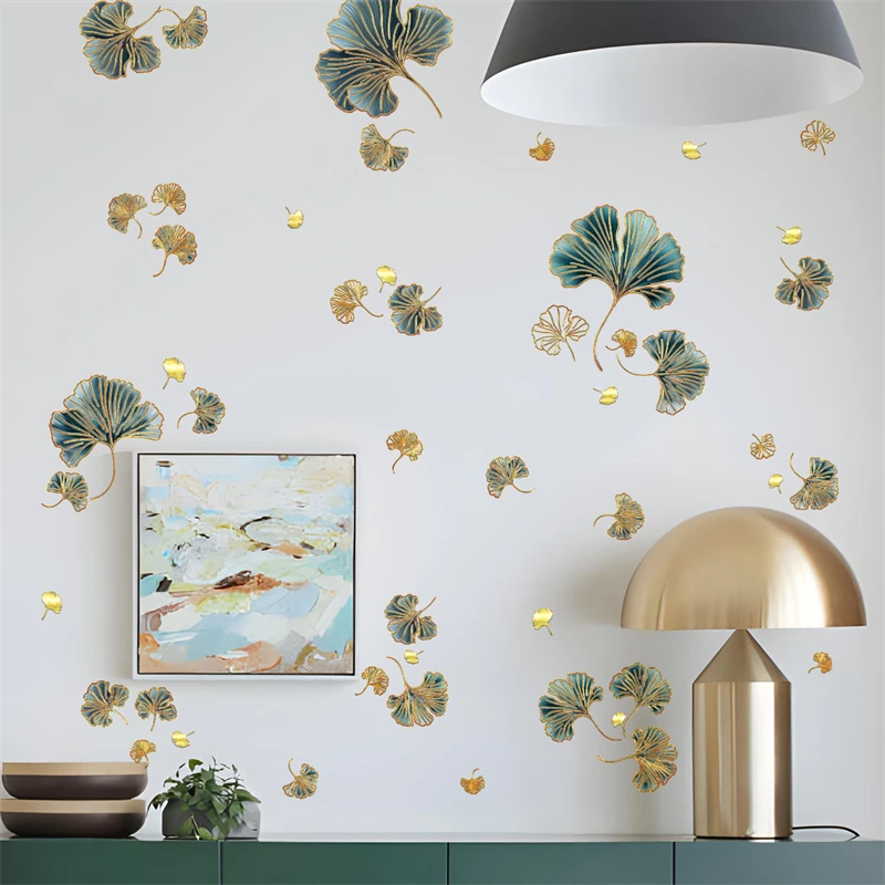Pegatinas de pared de Ginkgo Biloba con estampado dorado para decoración de sala de estar, decoración Interior estética moderna para el hogar, pegatinas autoadhesivas