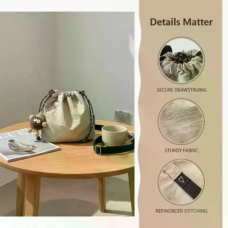 Nylon Drawstring Crossbody Bag With Cute Plush Charm Adjustable Strap For Daily Shopping Travel - view 4
