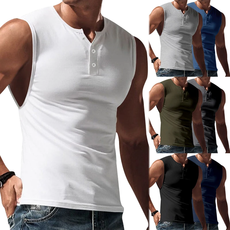 European and American men\'s sleeveless T-shirt, cotton shoulder sports vest, casual Henry shirt, sports shirt